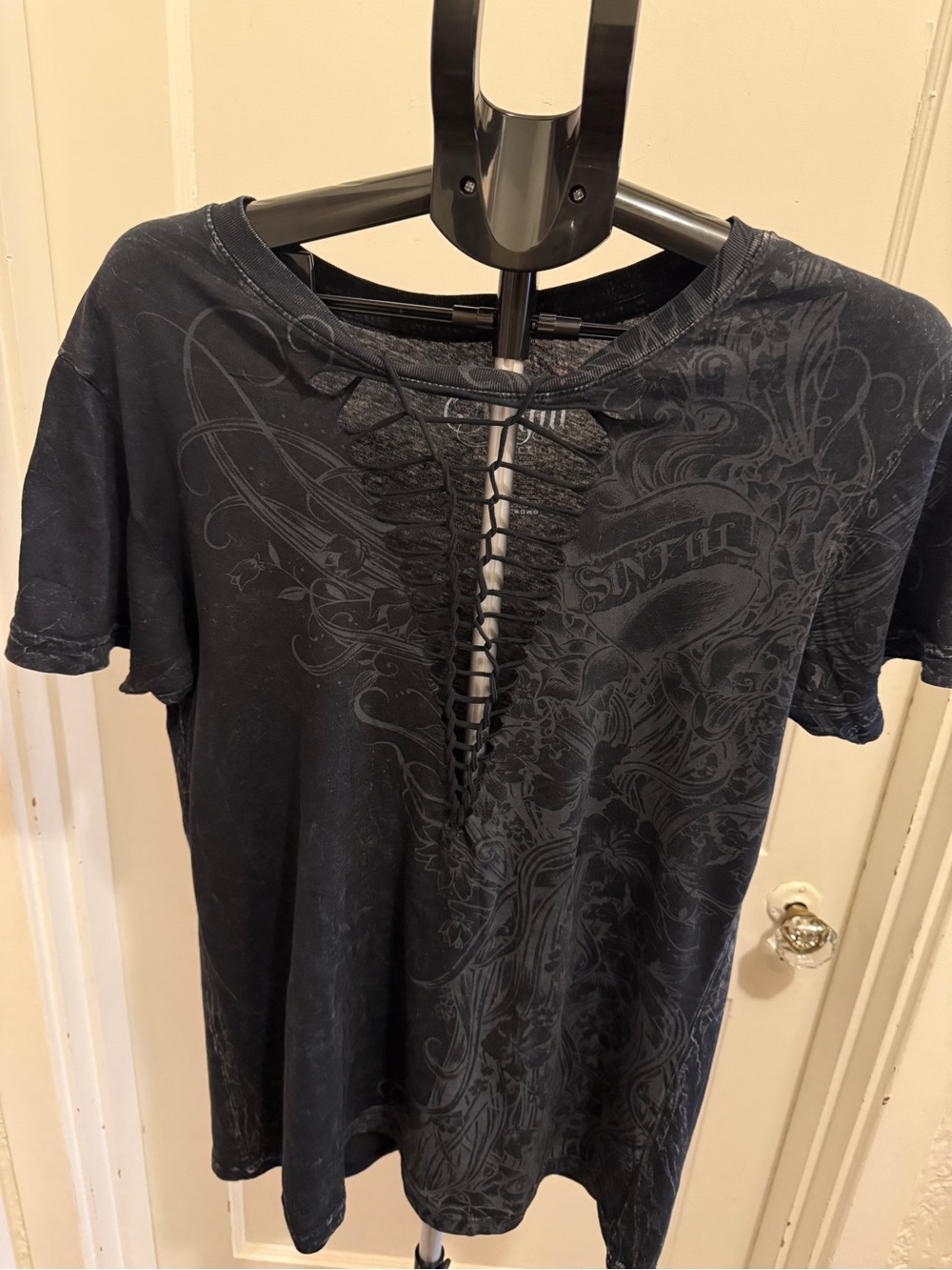 Sinful by Affliction Lace-Up Deep V-Neck Graphic Tee